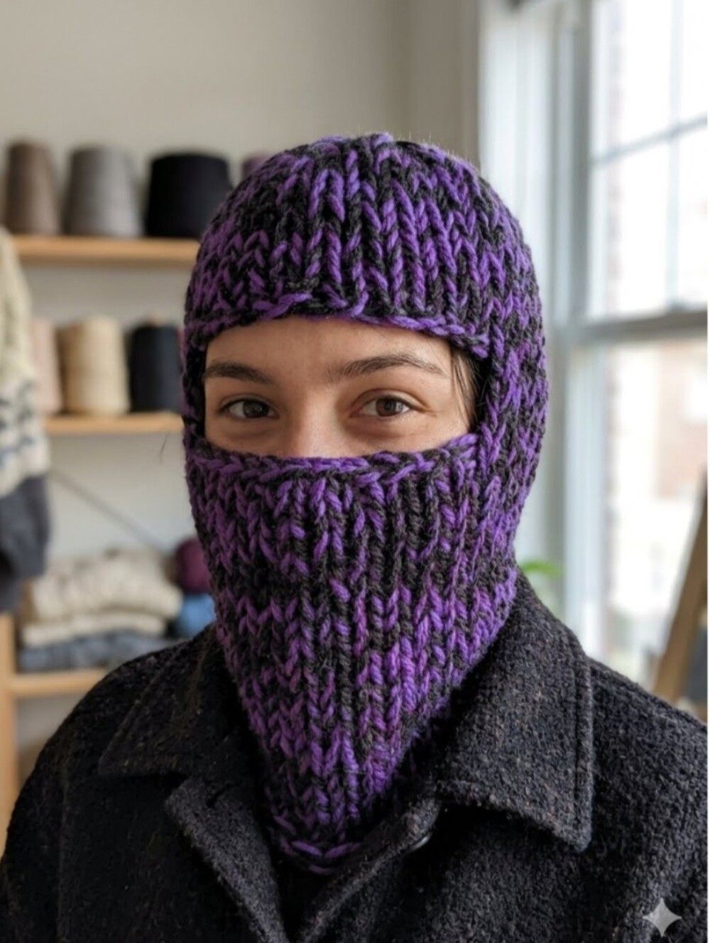 Handmade Knit Balaclava Black Purple 100% Acrylic Yarn OSFM